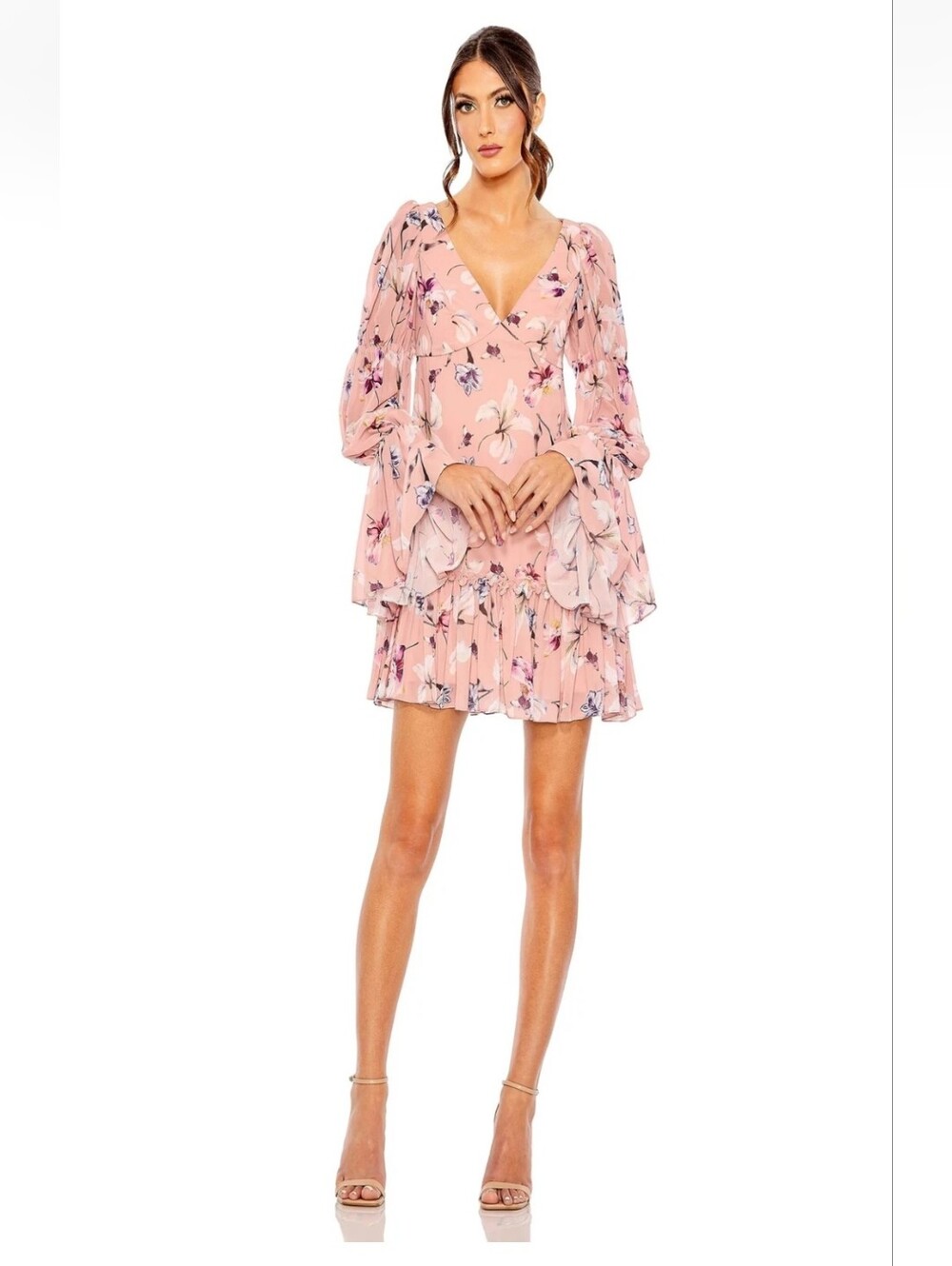 Mac Duggal 11409 Floral Print Long Flutter Sleeve Mini Dress Multi Rose Size 10